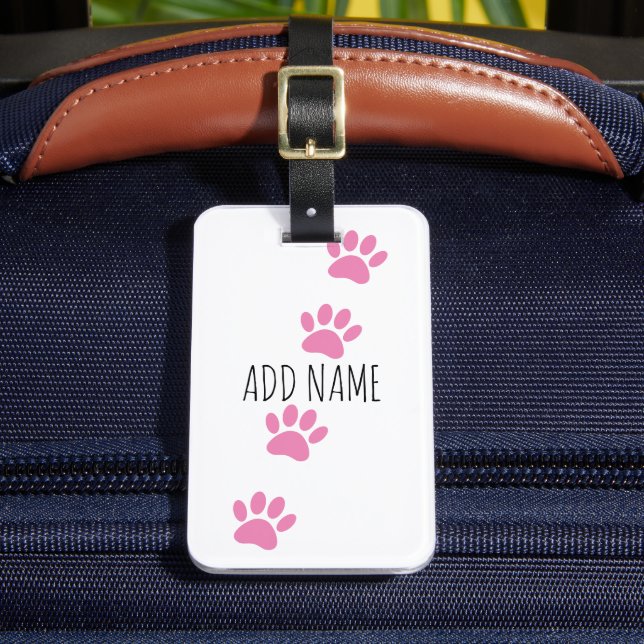 Pink Dog Paw Prints Custom Name Luggage Tag (Front Insitu 2)
