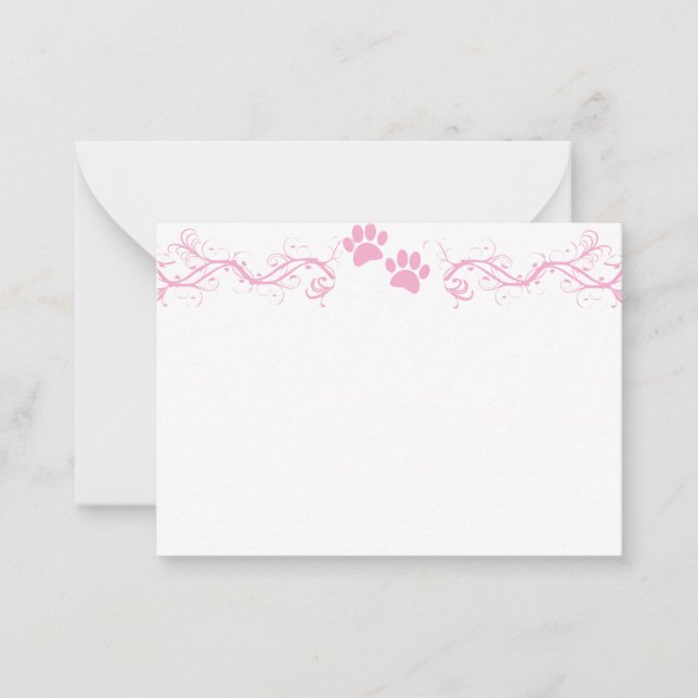 Pink Dog Paw Prints Scrollwork Blank Note Card (Front)