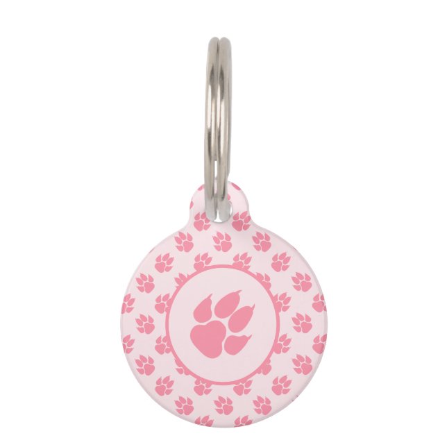 Pink Dog Paws And Custom Pet Info Pet ID Tag (Front)