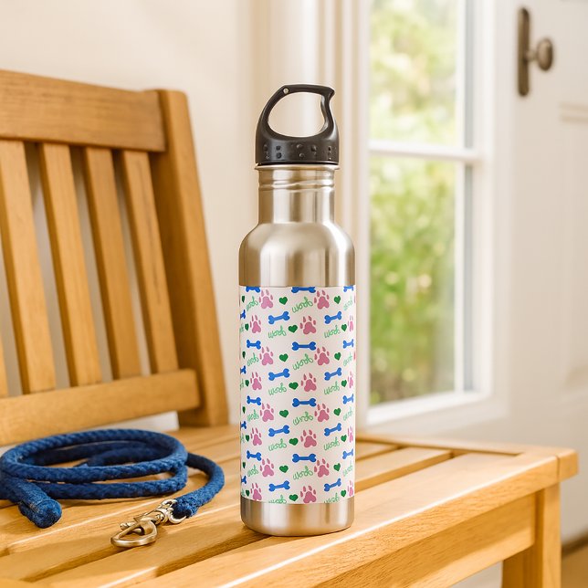Pink Dog Paws, Blue Bones, Green Hearts and Woofs  Stainless Steel Water Bottle (A water bottle with a pattern of pink dog paws, blue dog bones & green hearts and woofs.)