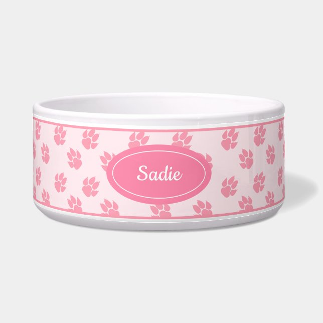 Pink Dog Paws Pattern With Custom Name Bowl (Front)