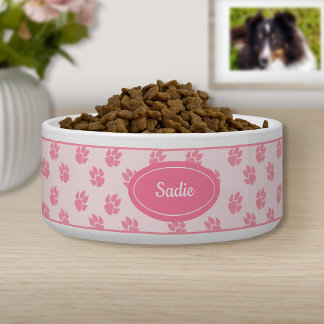 Pink Dog Paws Pattern With Custom Name Bowl