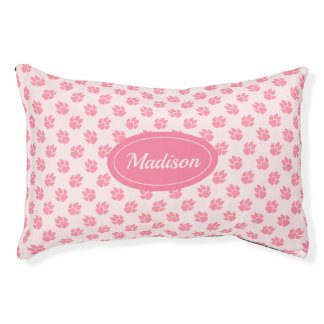 Pink Dog Paws Pattern With Custom Name Pet Bed