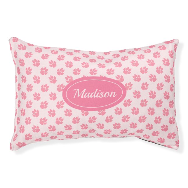 Pink Dog Paws Pattern With Custom Name Pet Bed (Front)