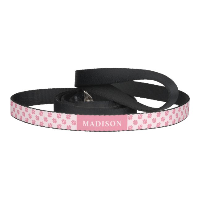 Pink Dog Paws Pattern With Custom Name Pet Leash (Handle)