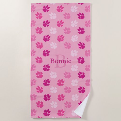 Pink Dog Paws Prints With Monogram And Name Beach Towel