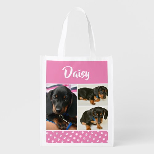 Pink Dog Pet Lover Photo Collage Pawprint Grocery Bag