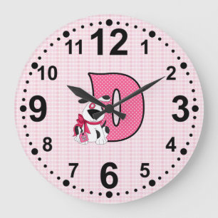 Pink Dog Polka Dot with Letter D Bold Numbers Large Clock