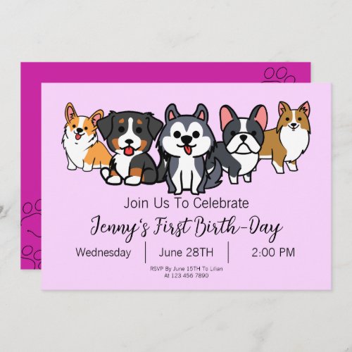 Pink _ Dog Puppy Birthday Party Paw_ty Invitation