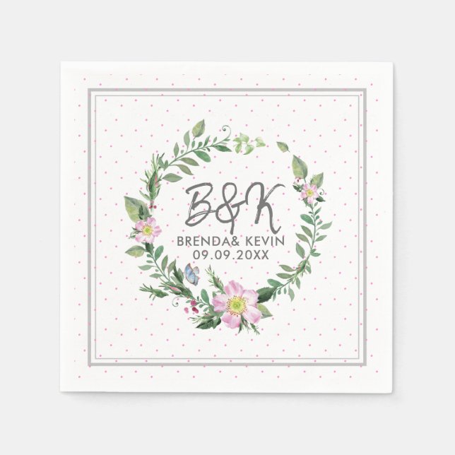 Pink Dog Rose Watercolors Wreath Napkins (Front)