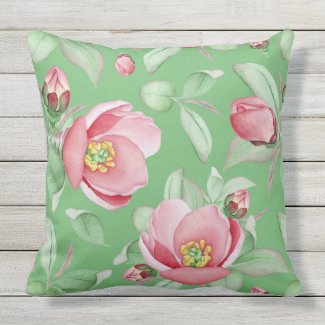 Pink Dog Roses on Mint Green Pillow 20x20