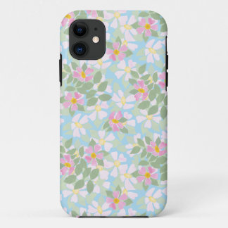 Pink Dog Roses on Sky Blue iPhone 11 Case