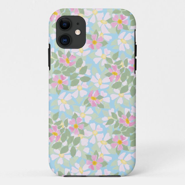 Pink Dog Roses on Sky Blue Case-Mate iPhone Case (Back)