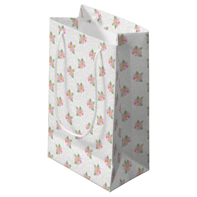 Pink Dog Roses on Textured White Small Gift Bag (Front Angled)