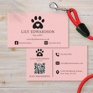 Pink Dog Walker Pet Sitting Paw Print QR Code Business Card