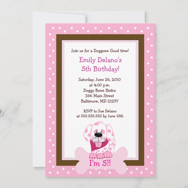 Pink Doggy Bone Puppy Dog Birthday 5x7 Invitation (Front)