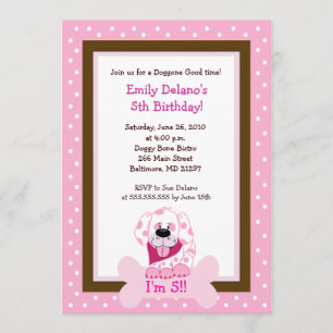 Pink Doggy Bone Puppy Dog Birthday 5x7 Invitation