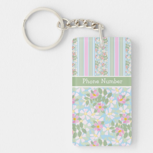 Pink Dogroses and Stripes Chic Oblong Keychain (Front)