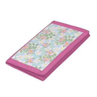 Pink Dogroses on Sky Blue Nylon Trifold Wallet