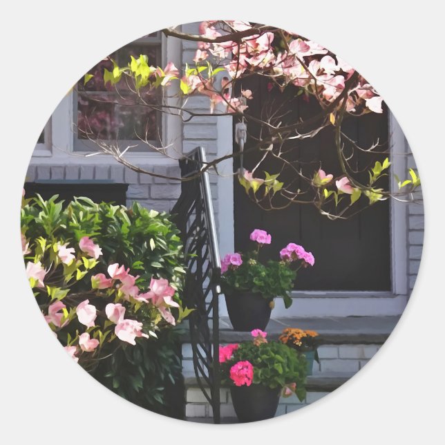 Pink Dogwood and Pots of Geraniums Classic Round Sticker (Front)
