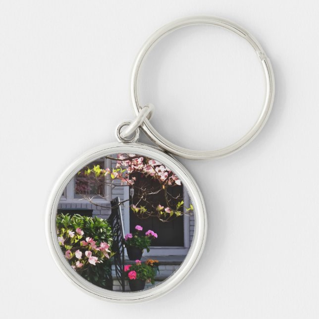 Pink Dogwood and Pots of Geraniums Keychain (Front)