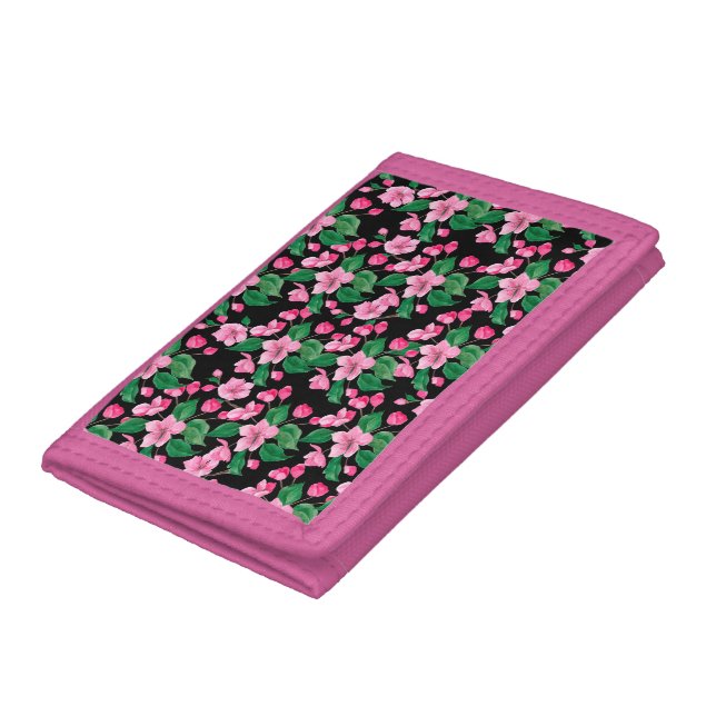 Pink Dogwood Blossoms On Black Background Trifold Wallet (Bottom)