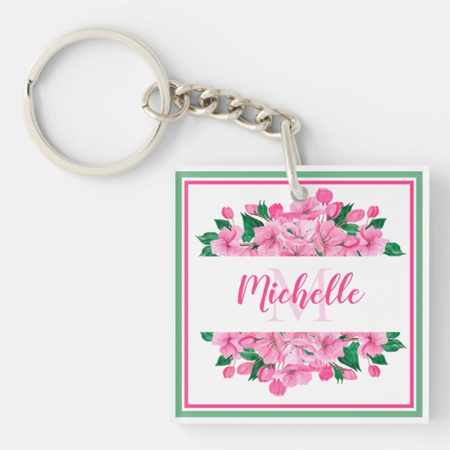Pink Dogwood Blossoms - Personalized Keychain (Front)