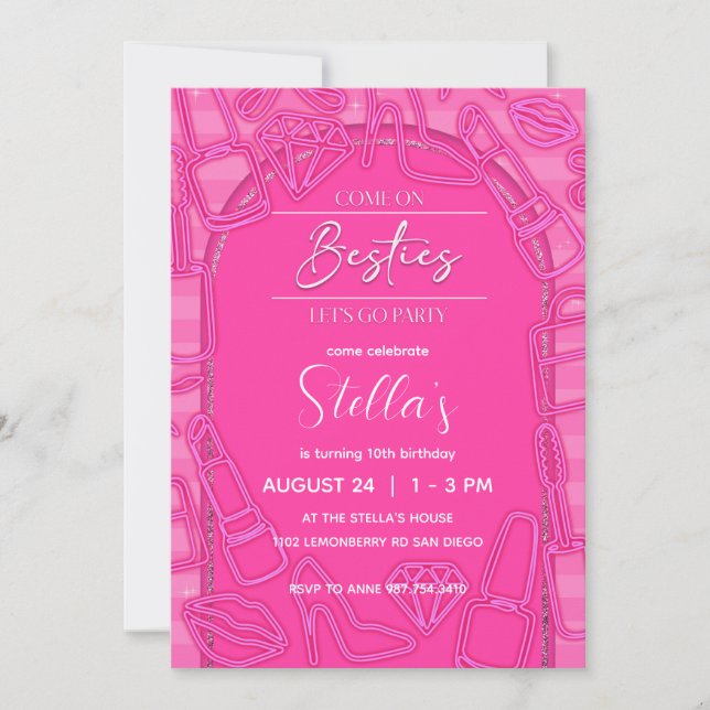 Pink Doll Birthday, Girl Birthday Neon Invitation (Front)