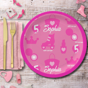 Pink Doll Birthday Party, Custom Age, Custom Name Paper Plates
