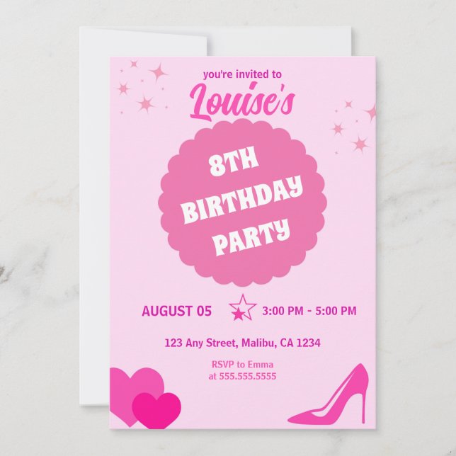 Pink Doll Birthday Party, Girl Invitation (Front)