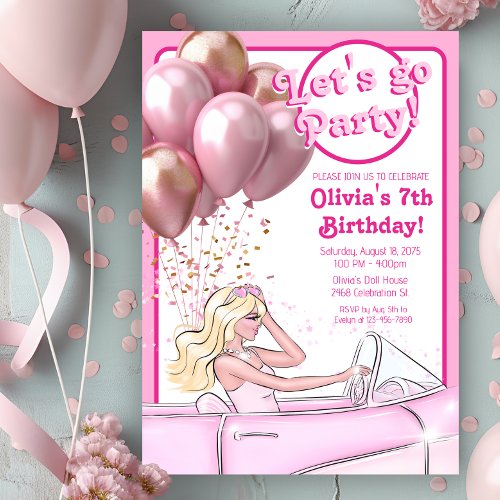 Pink Doll Car Birthday Party Invitation