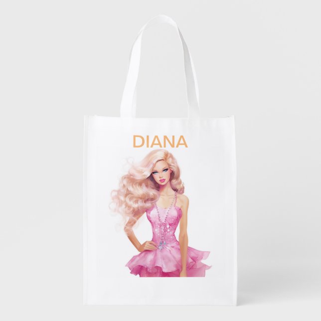Pink doll for girl's birthday grocery bag (Front)
