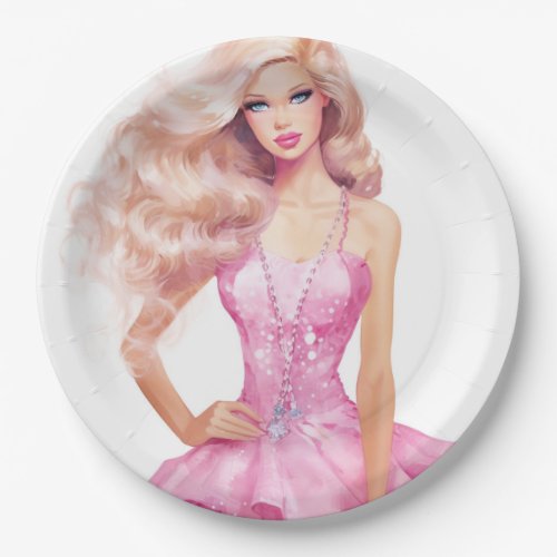 Pink Doll Girl Birthday Paper Plates