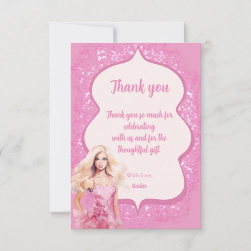 Pink Doll Girl Birthday Party Thank You Card