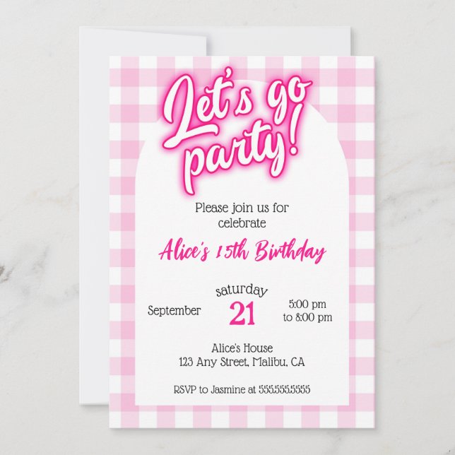 Pink Doll Malibu Gingham Let's Go Party Birthday Invitation (Front)
