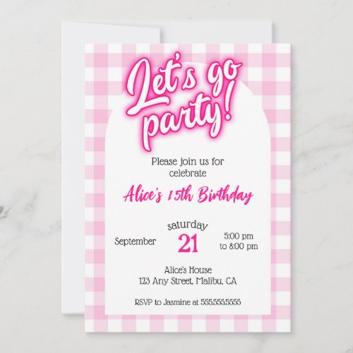 Pink Doll Malibu Gingham Lets Go Party Birthday Invitation