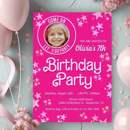 Pink Doll Photo Birthday Party Invitation