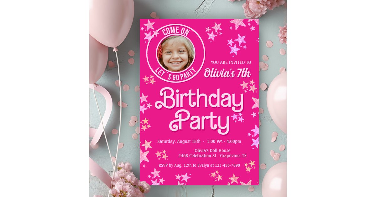 Pink Doll Photo Birthday Party Invitation | Zazzle