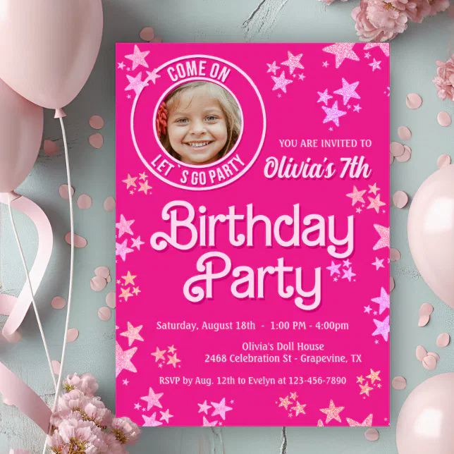 Pink Doll Photo Birthday Party Invitation | Zazzle