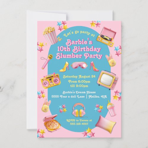 Pink Doll Toys Slumber Sleepover Birthday Party Invitation