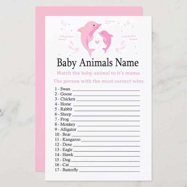 Pink Dolphin Baby Animals Name Game (Front/Back)
