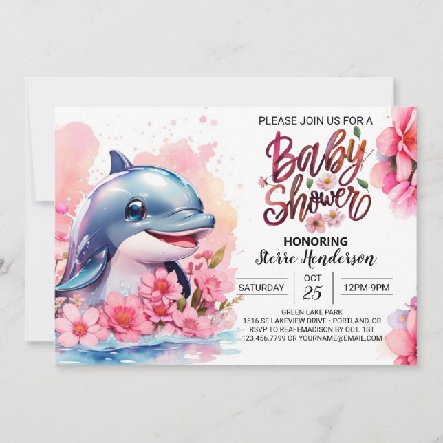Pink Dolphin Delight Girl Baby Shower Invitation (Front)