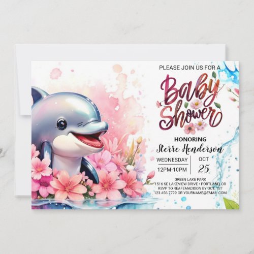 Pink Dolphin Dreamscape Baby Girl Shower Invitation