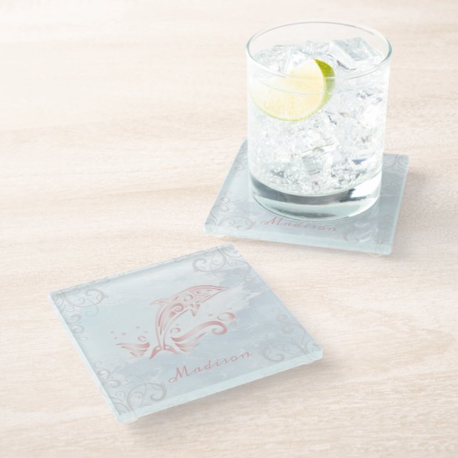 Pink Dolphin Personalized Glass Coaster (Angled)