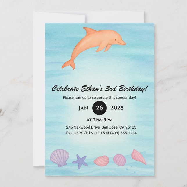 Pink Dolphin & Seashell Beach Birthday  Invitation (Front)