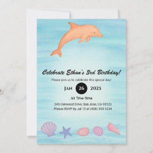 Pink Dolphin & Seashell Beach Birthday  Invitation