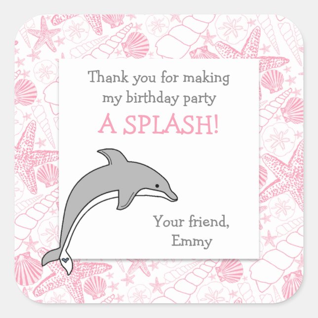 Pink Dolphin Seashells Birthday Party Favor Square Sticker (Front)