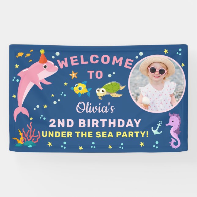 Pink Dolphin Under The Sea Birthday Photo Welcome Banner (Horizontal)