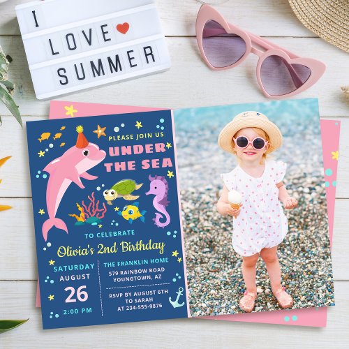 Pink Dolphin Under The Sea Girl Birthday Photo Invitation