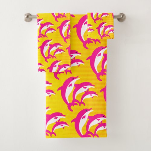 Pink Dolphins Dancing in the Tropical Sun Bath Towel Set